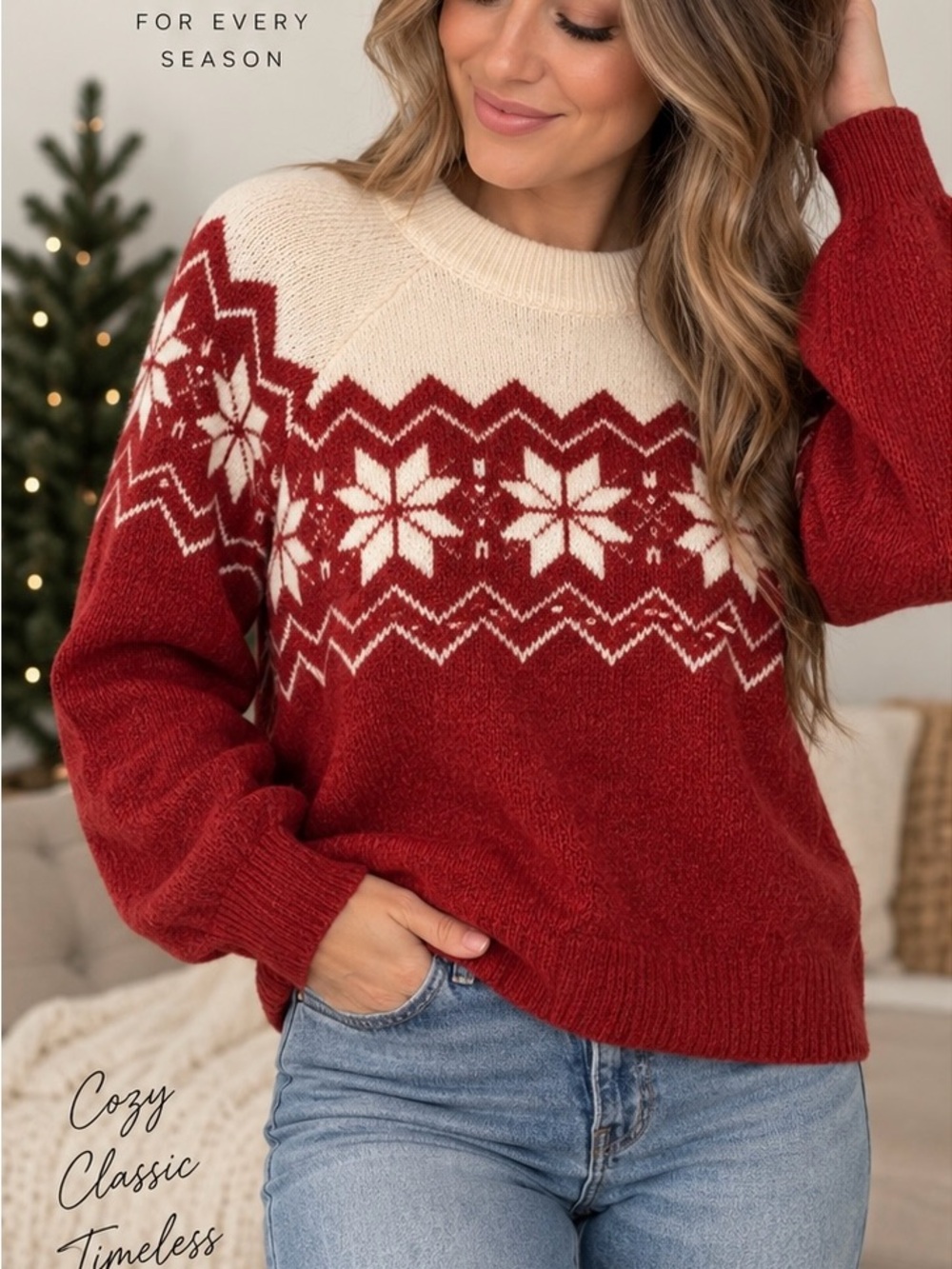 Abercrombie & Fitch Red Cream Fair Isle Snowflake Sweater Size S